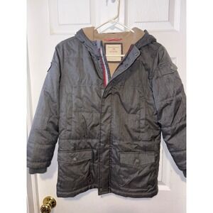 Hanna Andersson Kids Gray PufferJacket Hooded Sherpa Lined Size 140 Viking Patch